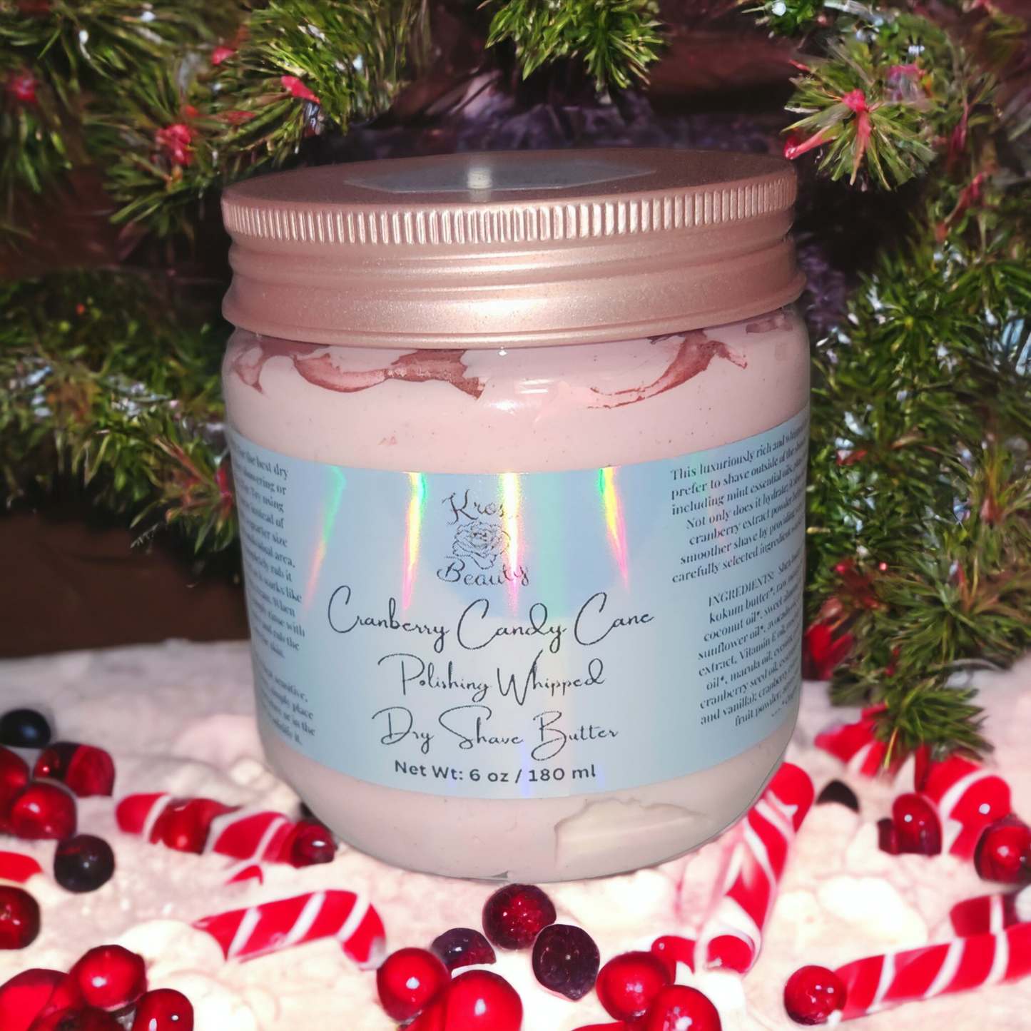"Cranberry Candy Cane" (6 oz) Organic Polishing Whipped Dry Shave Butter