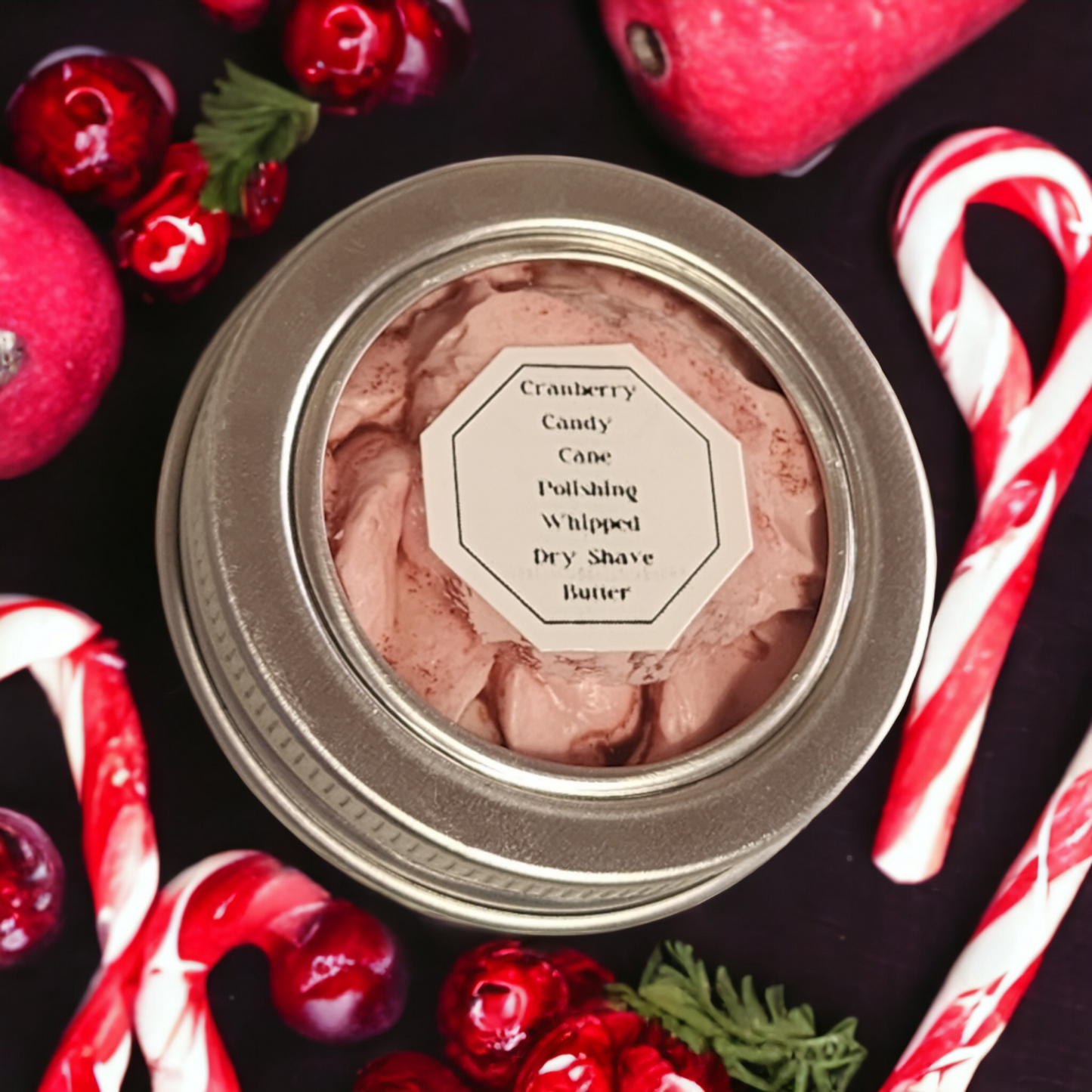 (SAMPLER TIN) "Cranberry Candy Cane" Polishing Whipped Dry Shave Butter